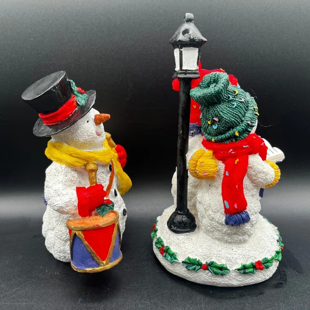 Pair of Christmas Snowman Figurine Set Carolers Drummer Resin Holiday Decorative
